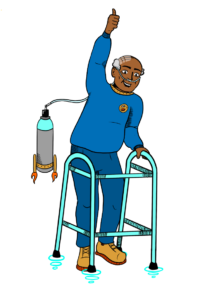 A cartoon old man in a space helmet with a flying oxygen tank and a flying walker. He's holding his thumb up and looks really excited to be there